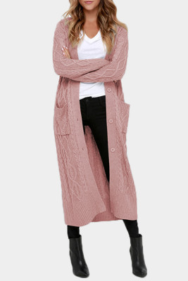 Pink Cable Knit Open Front Long Cardigan