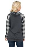 Plaid Sleeve and Cowl Neck Gray Drawstring Sweatshirt