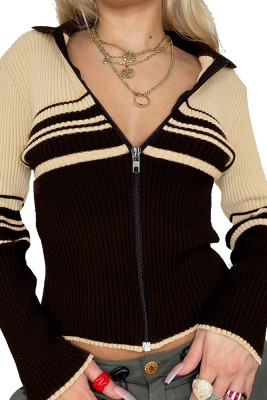 Colorblock Splicing Zipper Knitting Coat