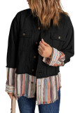 Black Button Up Pockets Striped Color Block Corduroy Jacket