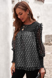 Black Smocked Ruffle Trim Blouse