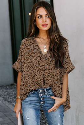 Leopard Print V Neck Drape Front Blouse