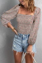 Apricot Square Neck Puff Sleeve Floral Smocked Top