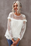 White Solid Color Crewneck Lace Mesh Ruffle Top