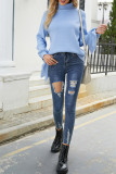 Plain Turtle Neck Tie Sleeves Knit Sweaters
