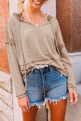 Waffle Patchwork V Neck Pullover Knit Hoodie