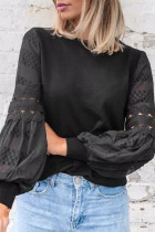 Black Lace Crochet Hollow Out Lantern Sleeve Blouse