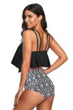 Black Geometric Crop Ruffled Overlay High Waist Tankini