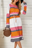 Red Multicolor Block Drawstring Waist Long Sleeve Midi Dress