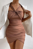 Latte Sleeveless Halter Ruched Bodycon Dress