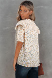Yellow Floral Print Smocked Ruffled V Neck T-shirt