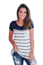 Navy Striped Top with Lace Pocket