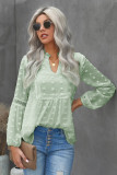 Green Ruffled Split Neck Lace Hollow Out Puff Sleeve Polka Dot Blouse