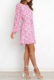 Pink Long Sleeve Flower Print Ruffle Dress