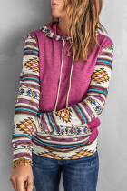 Red Aztec Print Patchwork Hoodie with Kangaroo Pocket