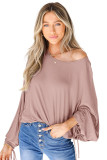 Pink Ribbed Drawstring Ruched Dolman Sleeve Top