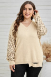 Khaki Distressed Hemline Leopard Sleeve Plus Size Sweater