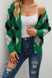 V Neck Front Open Button Diamond Plaid Knit Cardigans