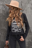 Black Split Neck Letter Print Pullover Long Sleeve Top