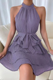 Plain Texture Halter Tiered Mini Dress