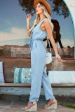 Sky Blue Pocketed Chambray Sleeveless Jumpsuit