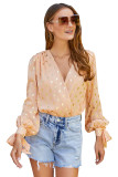 Orange Metallic Gold Polka Dot Surpliced Long Sleeves Bodysuit