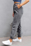 Grey Elastic Waist Pockets Washed Denim Joggers