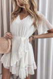 White Swiss Dot Ruffle Hem Short Dress