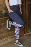 Gray Crossover High Waist Aztec Print Patchwork Yoga Leggings