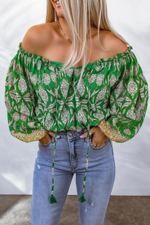 Green Floral Print Tassel Tie Off Shoulder Blouse
