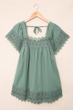 Green Lace Pom Pom Splicing Square Neck Blouse