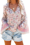 Pink Floral Print V Neck Drawstring Flared Sleeve Top