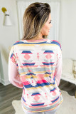 Pink Aztec Buttoned Split Neck Top