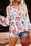 Split Neck Bubble Sleeve Floral Patchwork Blouse