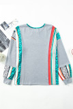Gray Leopard Serape Drop Shoulder Bubble Sleeves Knit Top