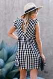 Black Plaid Ruffle V Neck Pocketed Babydoll Mini Dress