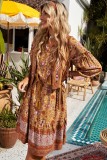 Orange Boho Floral Print Bishop Sleeve Mini Dress