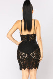 Black Spaghetti Strap Lace Bodycon Mini Dress with Slit