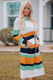 Green Multicolor Block Drawstring Waist Long Sleeve Midi Dress