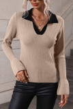 Color Block Lapel Collar Flare Sleeves Knit Top
