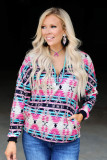 Multicolor Western Aztec Pattern Zipped Turn-down Collar Sweatshirt