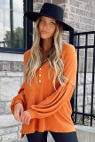 Orange Buttoned V Neck Drop Shoulder Waffle Knit Top