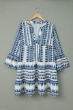 Blue Geometric Print V neck Flare Half Sleeve Ruffle Swing Mini Dress