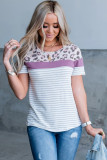 White Leopard Striped O-Neck Tee