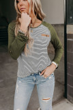 Army Green Raglan Sleeve Splicing Striped Top with Pocket