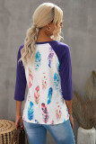 Purple Feather Print three quarter Sleeve Top