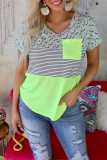 Leopard Splicing Striped Print Short Sleeve Pocket Patchwork Top Unishe Wholesale