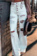 White Light Washed Distressed Slits Button Fly Flare Jeans