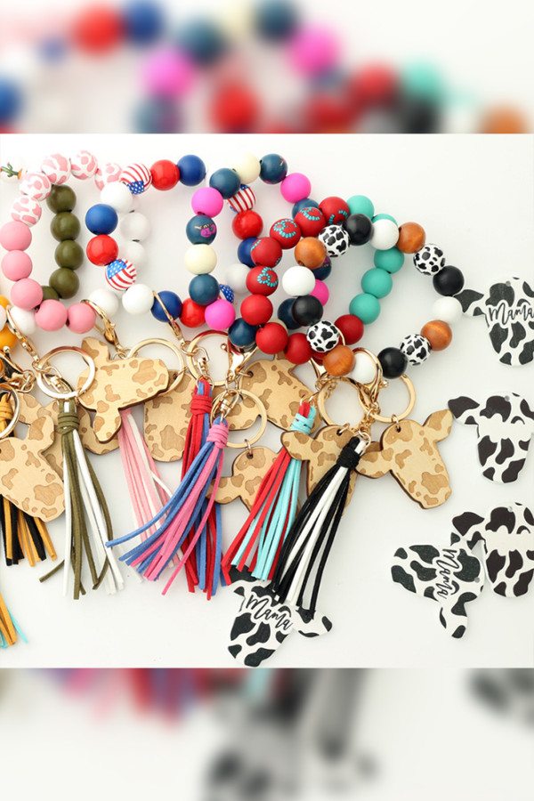 Multicolor Beads Bracelet PU Leather Cow Tassels Keyring MOQ 3pcs