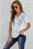 Blue Floral Pattern V Neck Short Sleeve Top